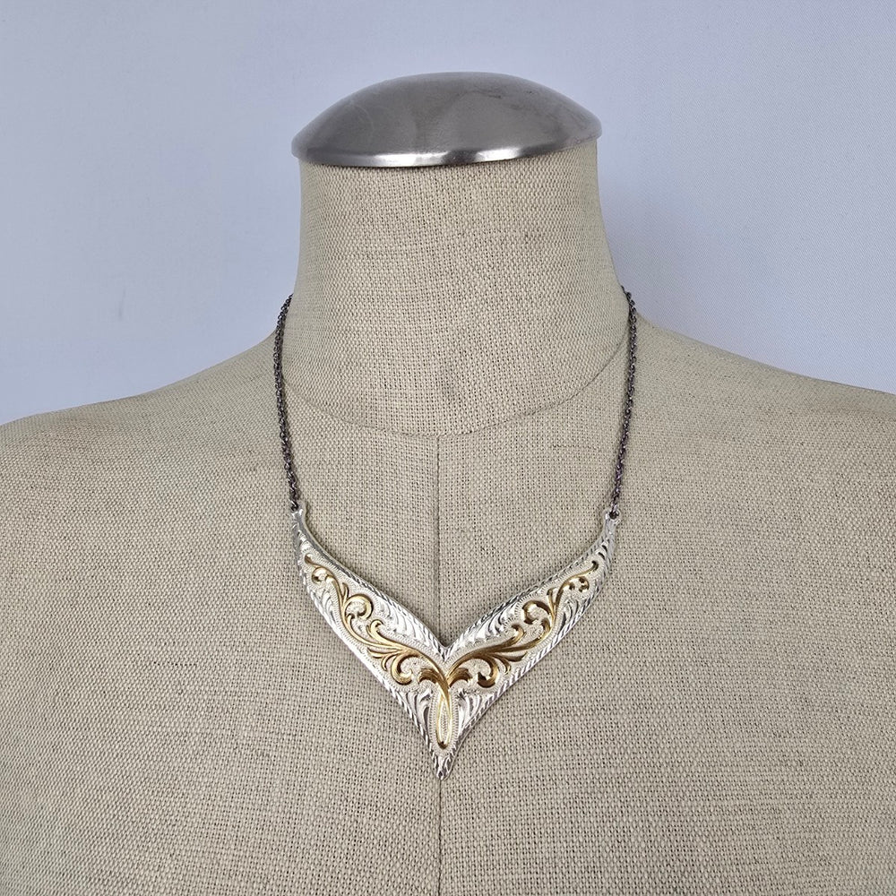 Vintage Montana Silversmiths Western Chevron Bib Necklace Two Tone Gold Silver 17"