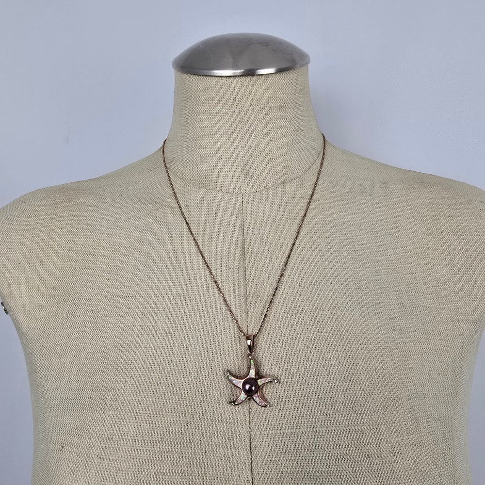Italy 925 Sterling Silver Rose Gold Tone Starfish Faux Opal Pendant Necklace