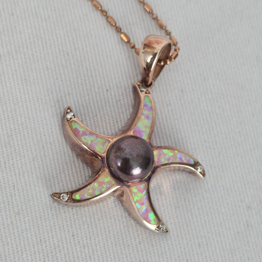 Italy 925 Sterling Silver Rose Gold Tone Starfish Faux Opal Pendant Necklace