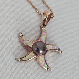 Italy 925 Sterling Silver Rose Gold Tone Starfish Faux Opal Pendant Necklace