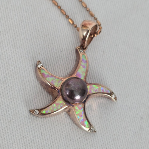 Italy 925 Sterling Silver Rose Gold Tone Starfish Faux Opal Pendant Necklace
