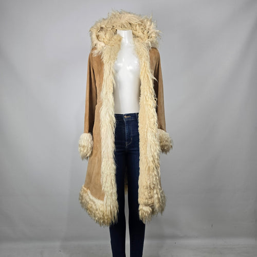 Vintage 1970s Afghan Penny Lane Suede Duster Coat Hooded Shaggy Trim Size XS/S