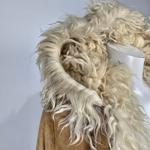 Vintage 1970s Afghan Penny Lane Suede Duster Coat Hooded Shaggy Trim Size XS/S