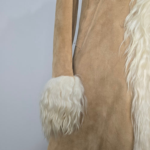 Vintage 1970s Afghan Penny Lane Suede Duster Coat Hooded Shaggy Trim Size XS/S