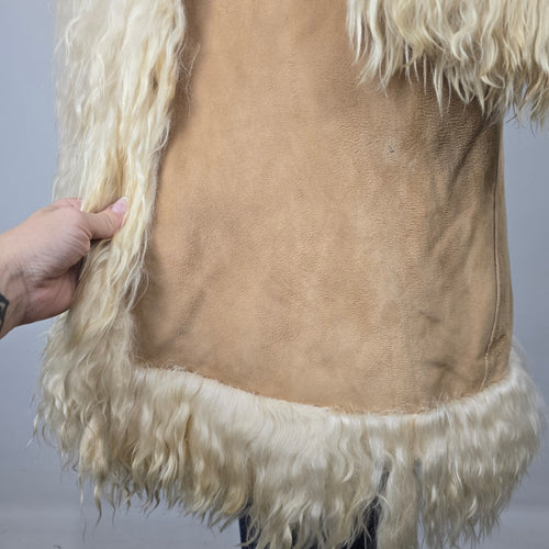 Vintage 1970s Afghan Penny Lane Suede Duster Coat Hooded Shaggy Trim Size XS/S