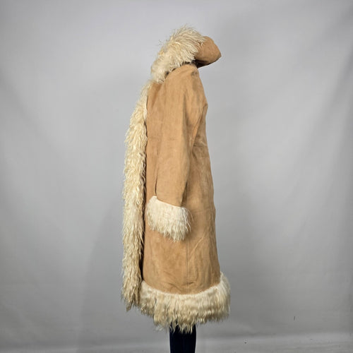 Vintage 1970s Afghan Penny Lane Suede Duster Coat Hooded Shaggy Trim Size XS/S