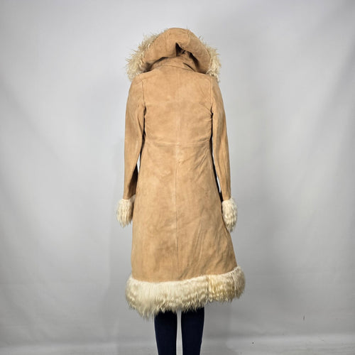Vintage 1970s Afghan Penny Lane Suede Duster Coat Hooded Shaggy Trim Size XS/S