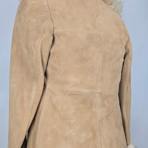 Vintage 1970s Afghan Penny Lane Suede Duster Coat Hooded Shaggy Trim Size XS/S