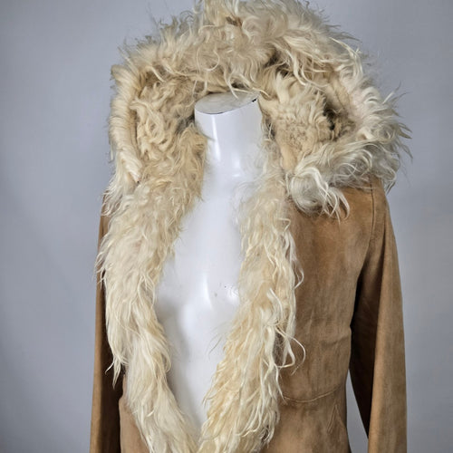 Vintage 1970s Afghan Penny Lane Suede Duster Coat Hooded Shaggy Trim Size XS/S