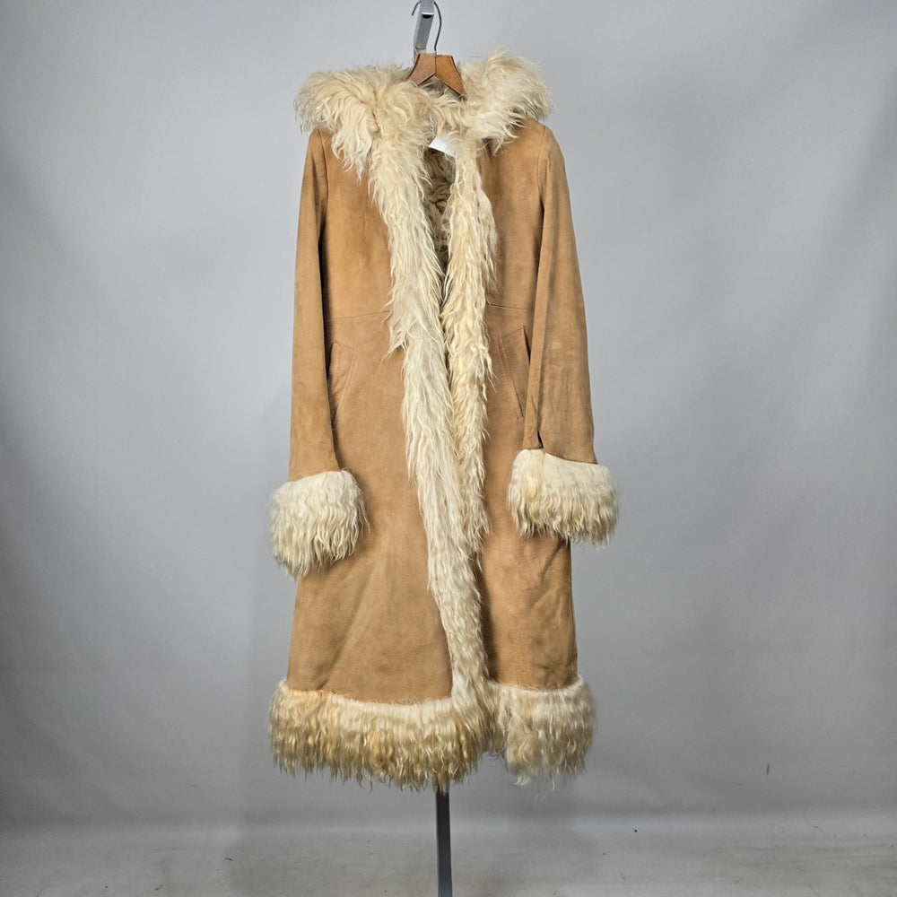Vintage 1970s Afghan Penny Lane Suede Duster Coat Hooded Shaggy Trim Size XS/S