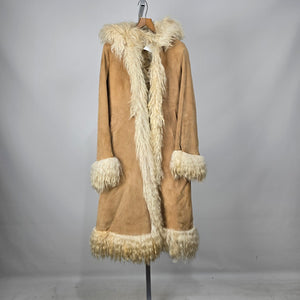 Vintage 1970s Afghan Penny Lane Suede Duster Coat Hooded Shaggy Trim Size XS/S
