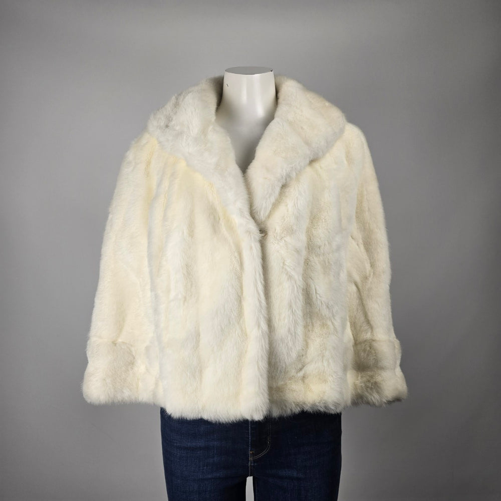 Vintage Tissavel France Faux Fur Cropped Jacket Ivory Swing Coat Size M/L