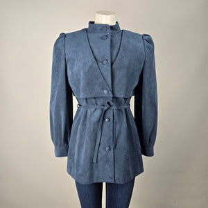 Vintage 80s Alcantara Faux Suede Dusty Blue Statement Jacket Puff Sleeve Tie Belt Size M