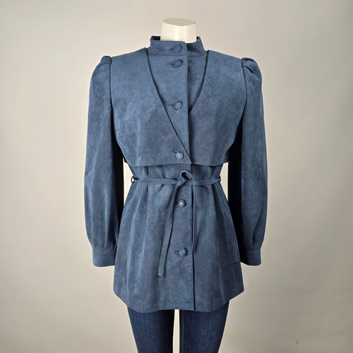 Vintage 80s Alcantara Faux Suede Dusty Blue Statement Jacket Puff Sleeve Tie Belt Size M