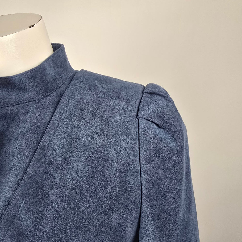 Vintage 80s Alcantara Faux Suede Dusty Blue Statement Jacket Puff Sleeve Tie Belt Size M