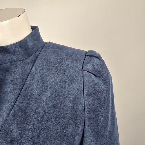 Vintage 80s Alcantara Faux Suede Dusty Blue Statement Jacket Puff Sleeve Tie Belt Size M