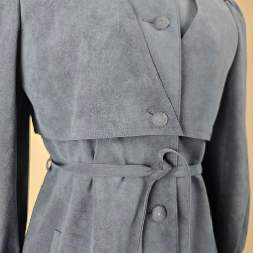 Vintage 80s Alcantara Faux Suede Dusty Blue Statement Jacket Puff Sleeve Tie Belt Size M