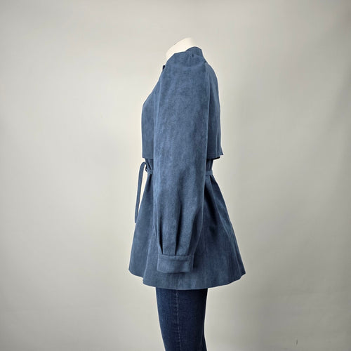 Vintage 80s Alcantara Faux Suede Dusty Blue Statement Jacket Puff Sleeve Tie Belt Size M