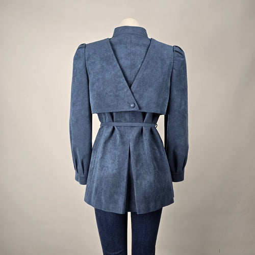 Vintage 80s Alcantara Faux Suede Dusty Blue Statement Jacket Puff Sleeve Tie Belt Size M