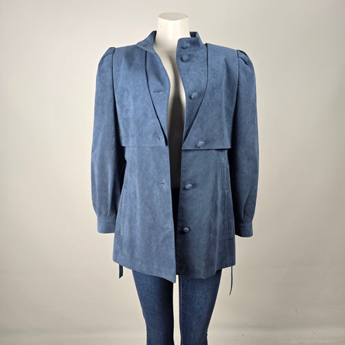 Vintage 80s Alcantara Faux Suede Dusty Blue Statement Jacket Puff Sleeve Tie Belt Size M