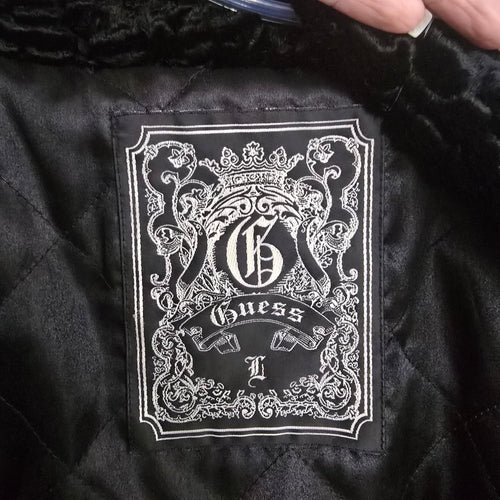 GUESS Black Cropped Faux Fur Jacket Persian Lamb Textured Coat Size M/L