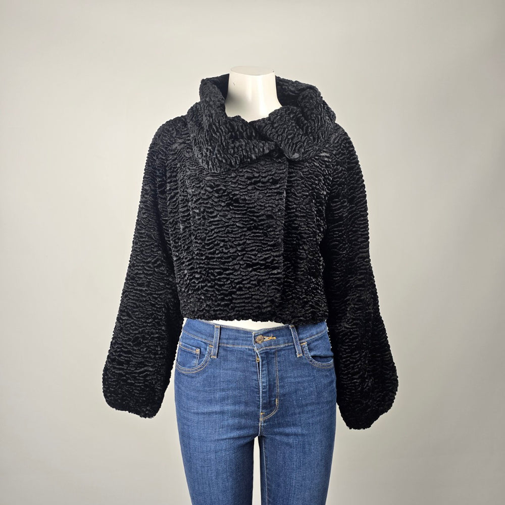 GUESS Black Cropped Faux Fur Jacket Persian Lamb Textured Coat Size M/L
