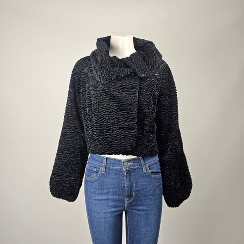 GUESS Black Cropped Faux Fur Jacket Persian Lamb Textured Coat Size M/L