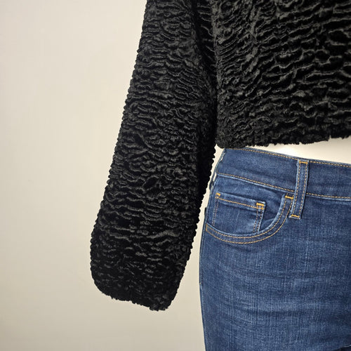 GUESS Black Cropped Faux Fur Jacket Persian Lamb Textured Coat Size M/L