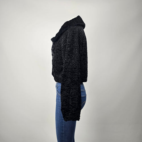 GUESS Black Cropped Faux Fur Jacket Persian Lamb Textured Coat Size M/L