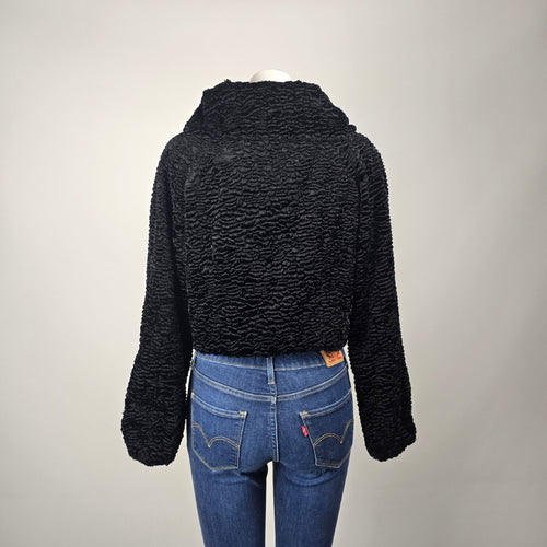 GUESS Black Cropped Faux Fur Jacket Persian Lamb Textured Coat Size M/L
