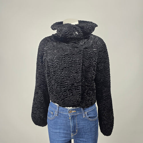 GUESS Black Cropped Faux Fur Jacket Persian Lamb Textured Coat Size M/L