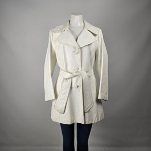 Vintage 70s Alan Cherry White Leather Belted Trench Coat Canada Size M
