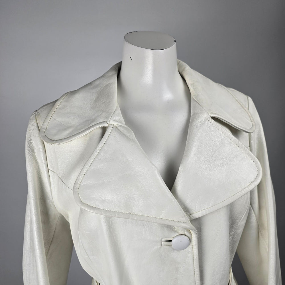 Vintage 70s Alan Cherry White Leather Belted Trench Coat Canada Size M