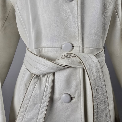 Vintage 70s Alan Cherry White Leather Belted Trench Coat Canada Size M