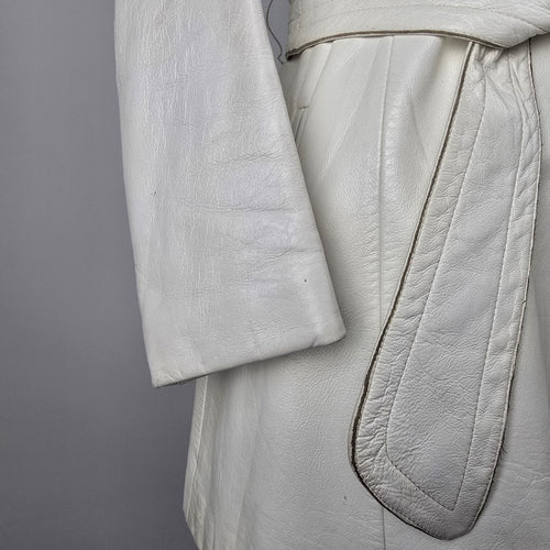 Vintage 70s Alan Cherry White Leather Belted Trench Coat Canada Size M
