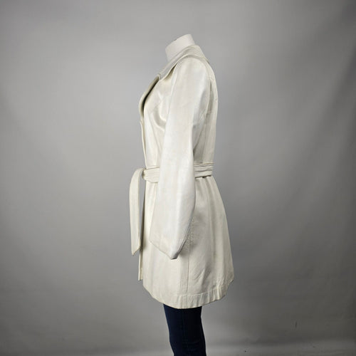 Vintage 70s Alan Cherry White Leather Belted Trench Coat Canada Size M