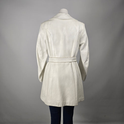 Vintage 70s Alan Cherry White Leather Belted Trench Coat Canada Size M