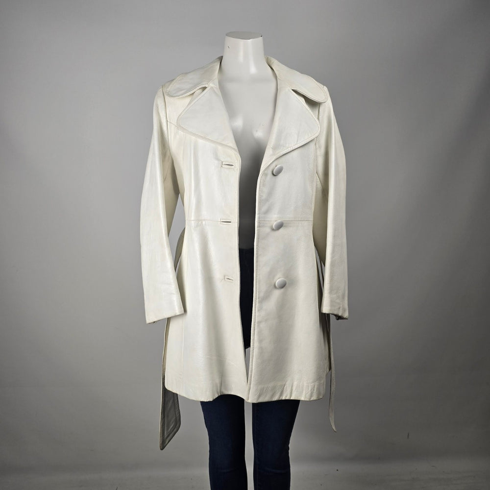 Vintage 70s Alan Cherry White Leather Belted Trench Coat Canada Size M