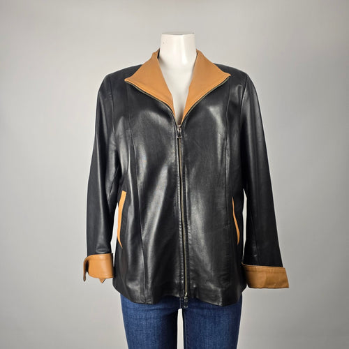 Vera Pelle Made in Italy Black & Tan Genuine Leather Zip Jacket Size M/L