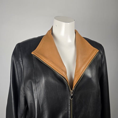 Vera Pelle Made in Italy Black & Tan Genuine Leather Zip Jacket Size M/L