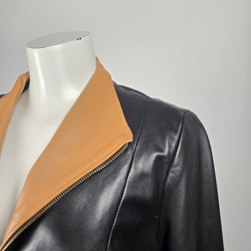 Vera Pelle Made in Italy Black & Tan Genuine Leather Zip Jacket Size M/L