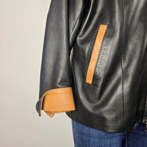 Vera Pelle Made in Italy Black & Tan Genuine Leather Zip Jacket Size M/L