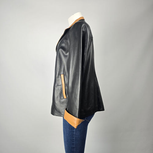 Vera Pelle Made in Italy Black & Tan Genuine Leather Zip Jacket Size M/L