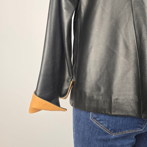 Vera Pelle Made in Italy Black & Tan Genuine Leather Zip Jacket Size M/L