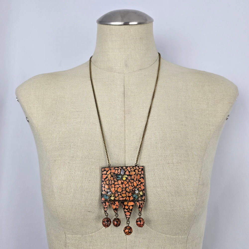 Vintage India Brass Mosaic Stone Pendant Necklace — Boho Statement