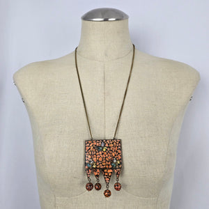 Vintage India Brass Mosaic Stone Pendant Necklace — Boho Statement