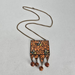 Vintage India Brass Mosaic Stone Pendant Necklace — Boho Statement