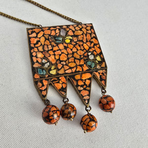 Vintage India Brass Mosaic Stone Pendant Necklace — Boho Statement