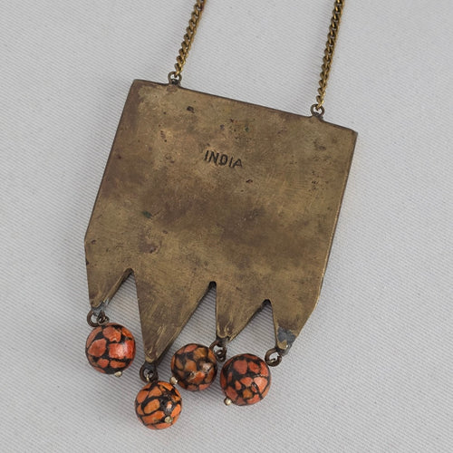Vintage India Brass Mosaic Stone Pendant Necklace — Boho Statement
