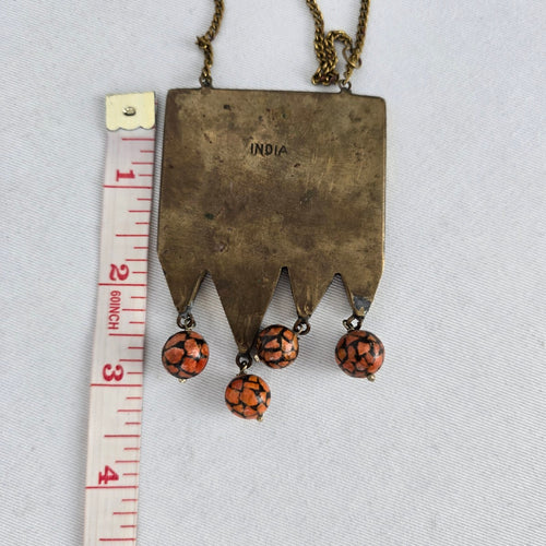 Vintage India Brass Mosaic Stone Pendant Necklace — Boho Statement